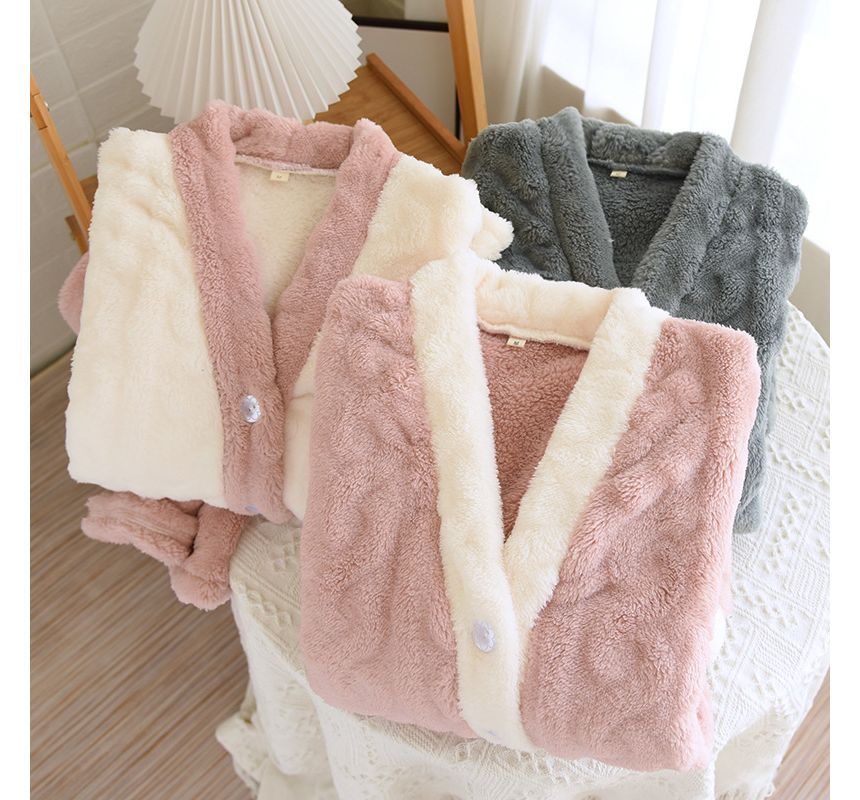 Couple Matching Pajama Set: Long-Sleeve Flannel Button Top + Pants