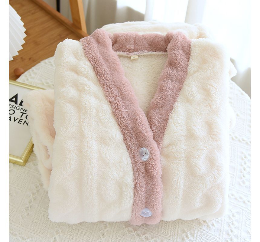 Couple Matching Pajama Set: Long-Sleeve Flannel Button Top + Pants