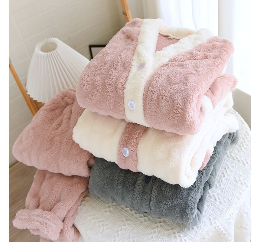 Couple Matching Pajama Set: Long-Sleeve Flannel Button Top + Pants