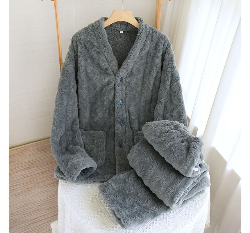 Couple Matching Pajama Set: Long-Sleeve Flannel Button Top + Pants