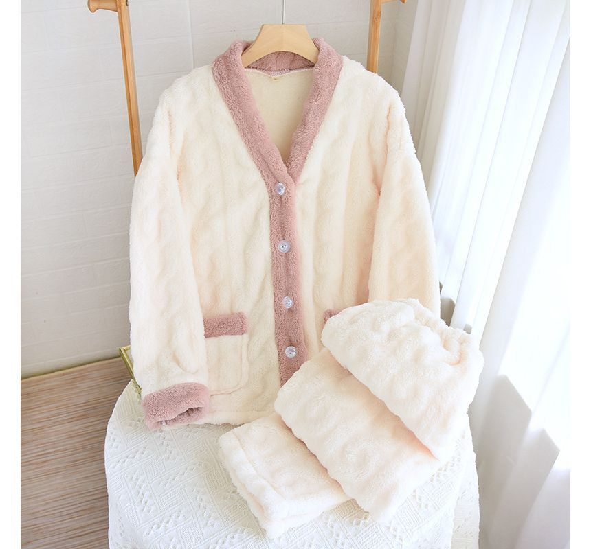 Couple Matching Pajama Set: Long-Sleeve Flannel Button Top + Pants