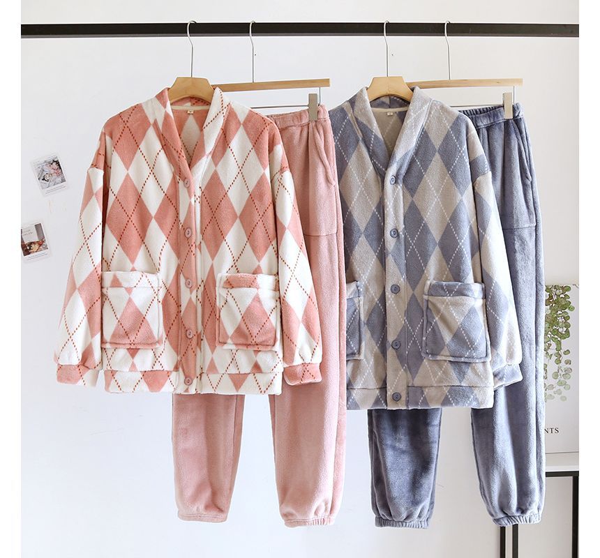 Couple Matching Pajama Set: Long-Sleeve V-Neck Argyle Flannel Button Top + Pants (Various Designs)