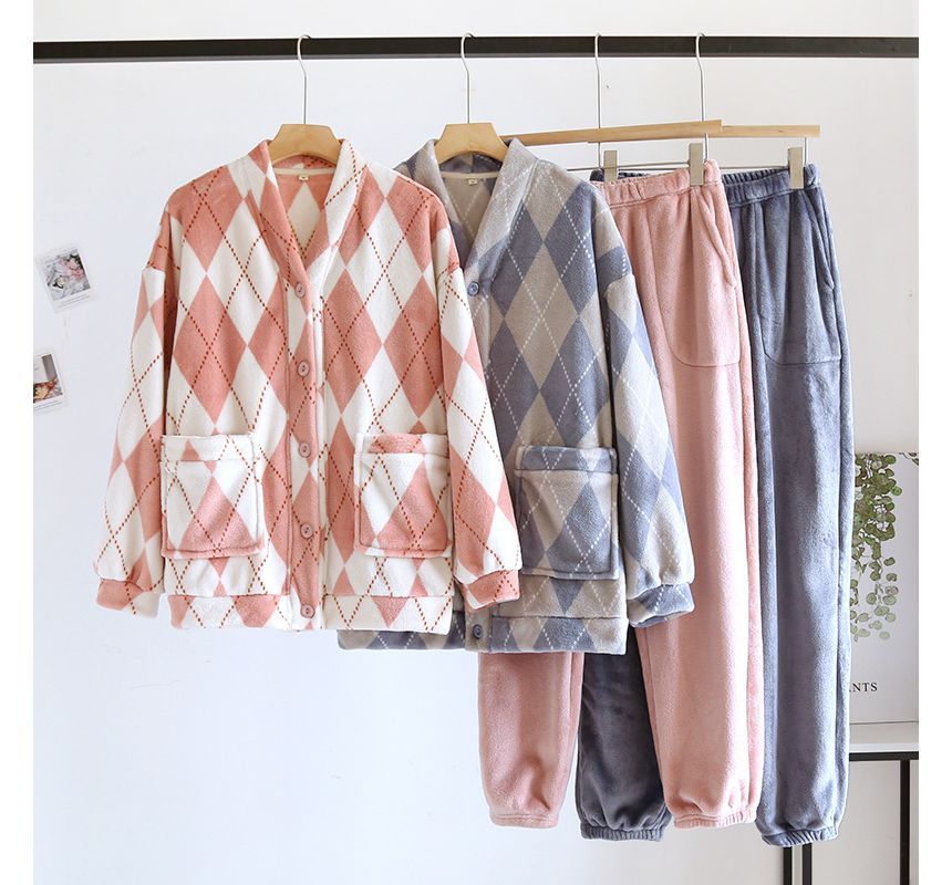 Couple Matching Pajama Set: Long-Sleeve V-Neck Argyle Flannel Button Top + Pants (Various Designs)