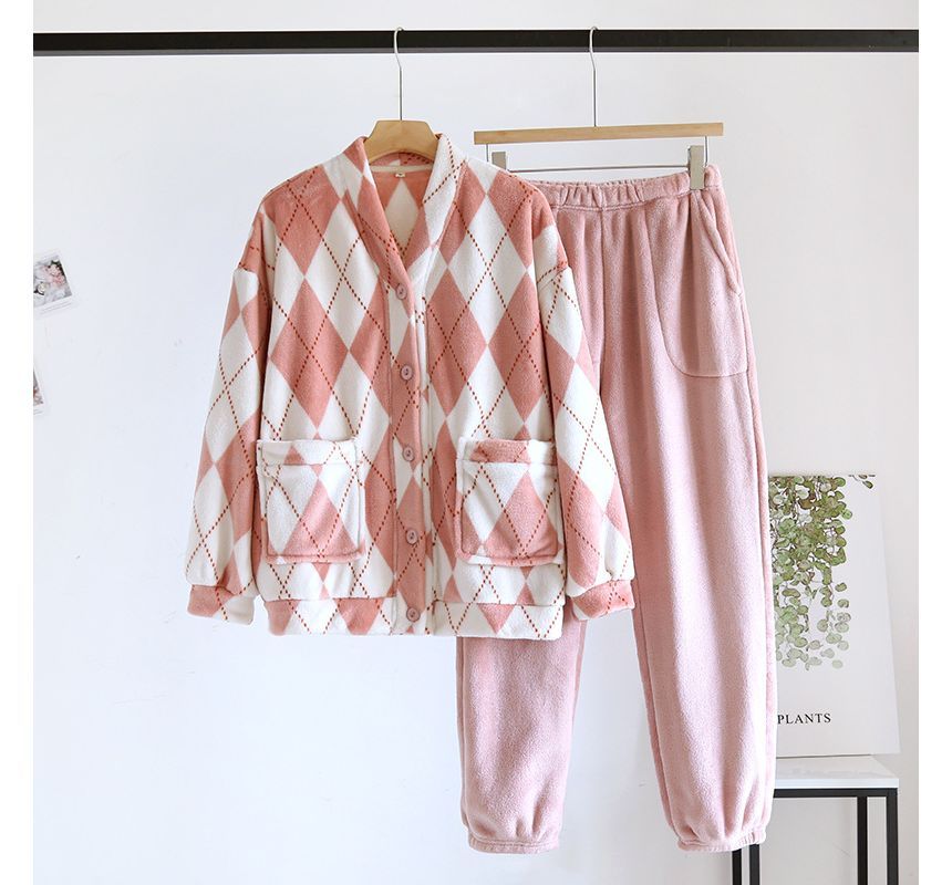 Couple Matching Pajama Set: Long-Sleeve V-Neck Argyle Flannel Button Top + Pants (Various Designs)