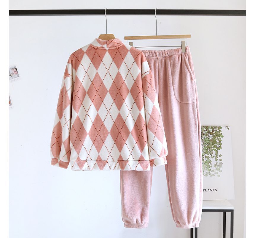 Couple Matching Pajama Set: Long-Sleeve V-Neck Argyle Flannel Button Top + Pants (Various Designs)