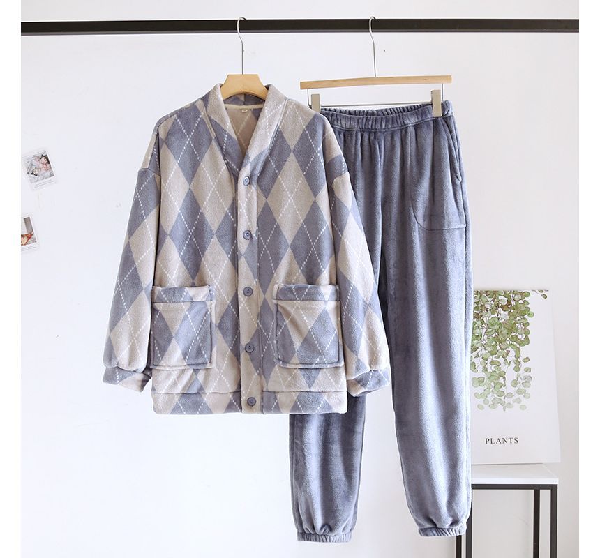 Couple Matching Pajama Set: Long-Sleeve V-Neck Argyle Flannel Button Top + Pants (Various Designs)