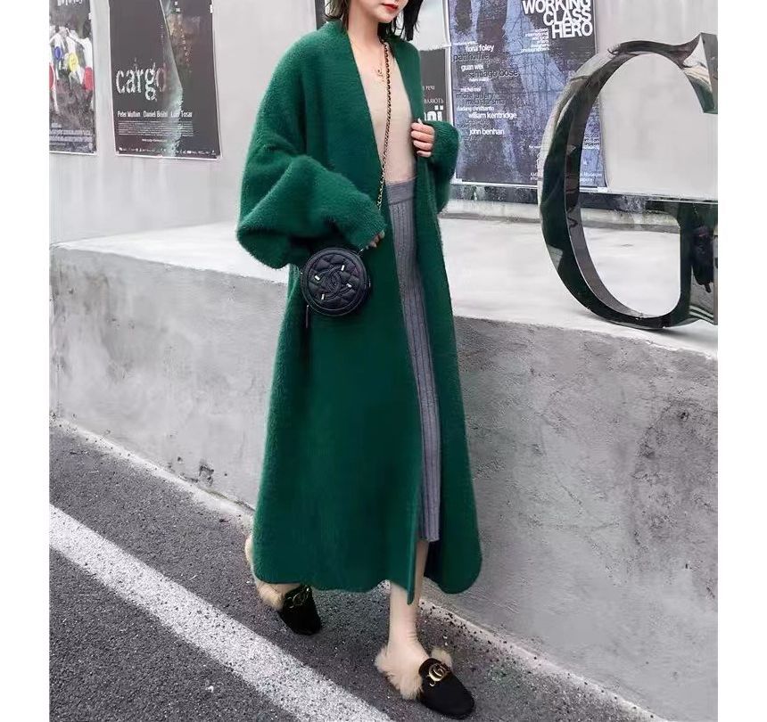 Solid Open Front Faux Fur Long Knit