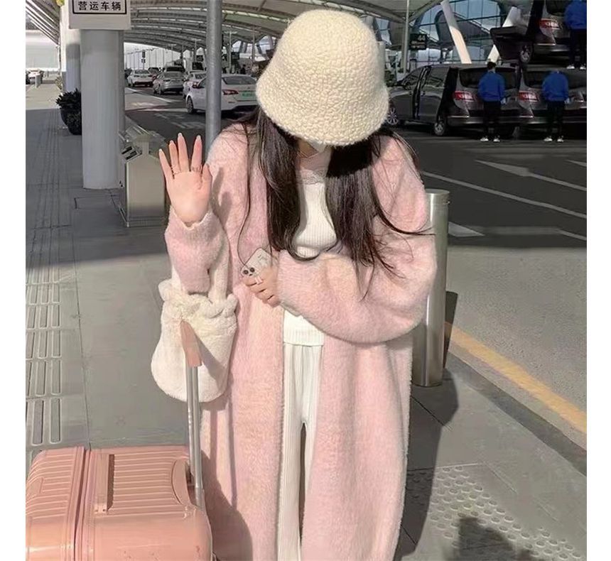 Solid Open Front Faux Fur Long Knit
