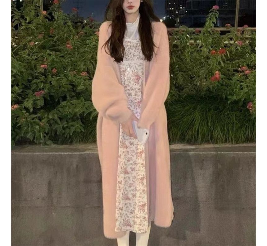 Solid Open Front Faux Fur Long Knit