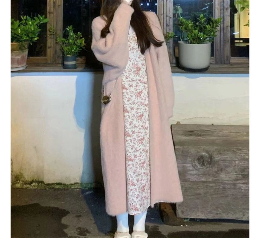 Solid Open Front Faux Fur Long Knit