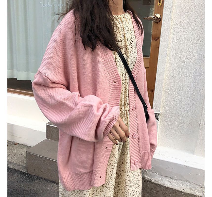 Oversized V-Neck Plain Cardigan