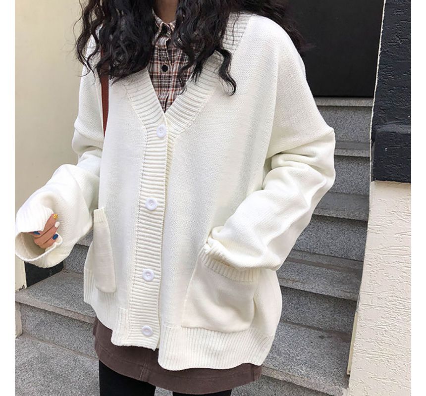 Oversized V-Neck Plain Cardigan