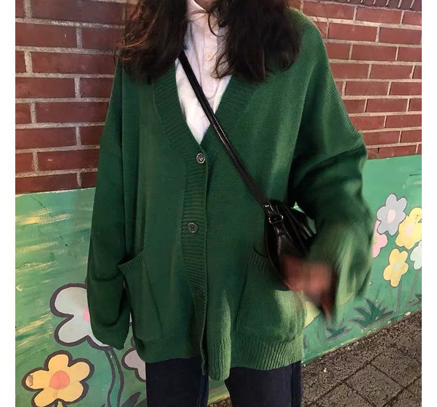 Oversized V-Neck Plain Cardigan