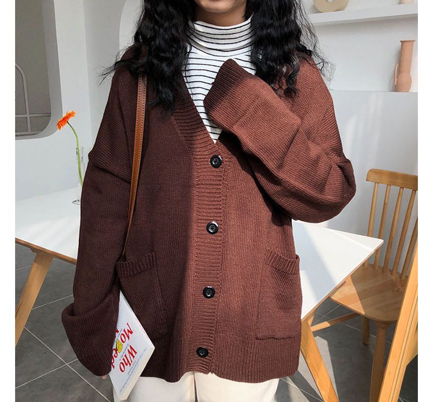 Oversized V-Neck Plain Cardigan