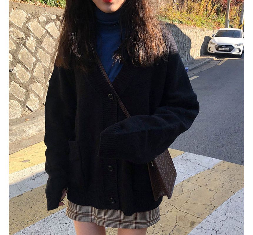 Oversized V-Neck Plain Cardigan