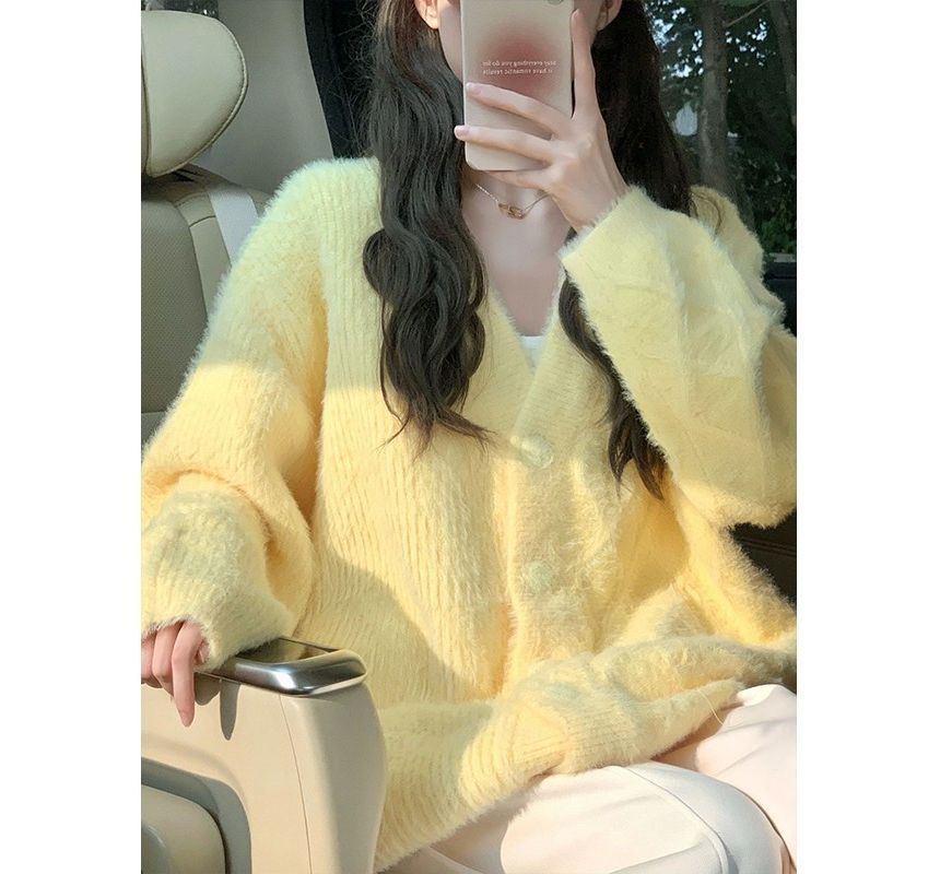Fluffy V-Neck Button-Up Cardigan