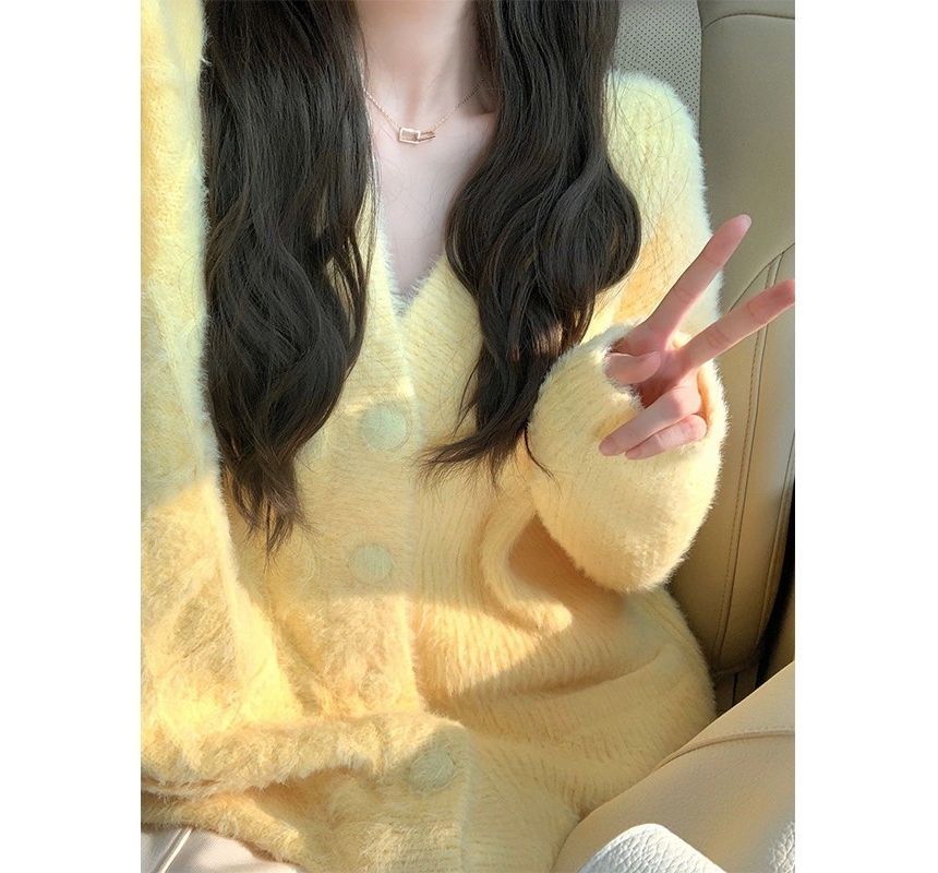 Fluffy V-Neck Button-Up Cardigan