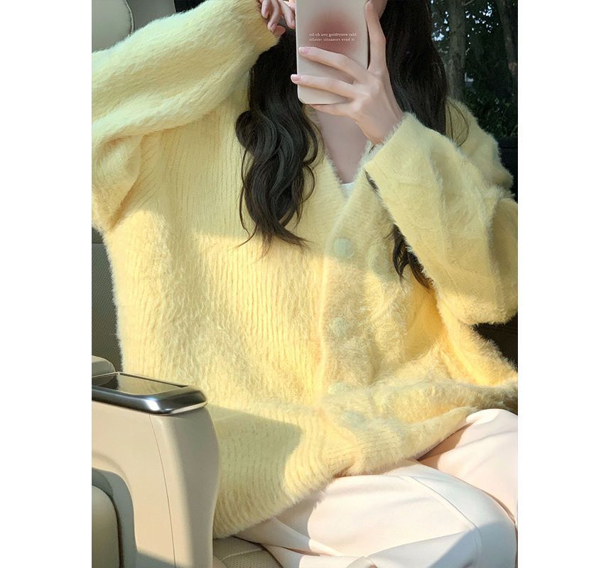 Fluffy V-Neck Button-Up Cardigan