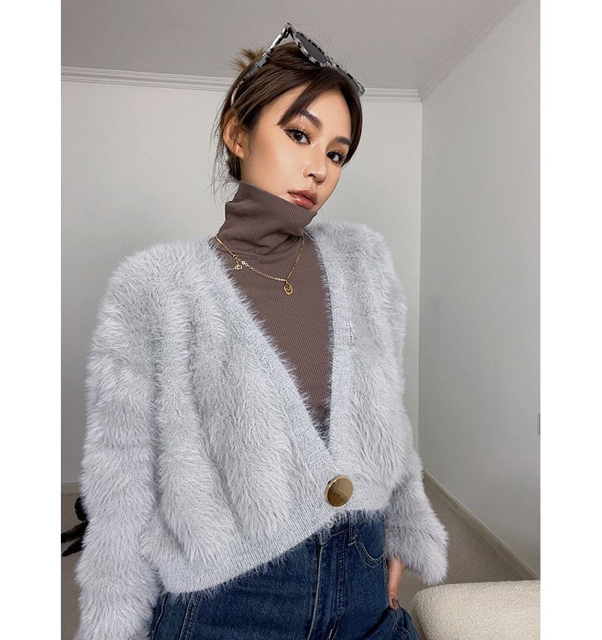 Furry Knit One-Button Cropped Cardigan