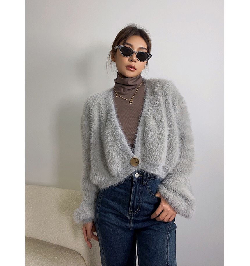 Furry Knit One-Button Cropped Cardigan