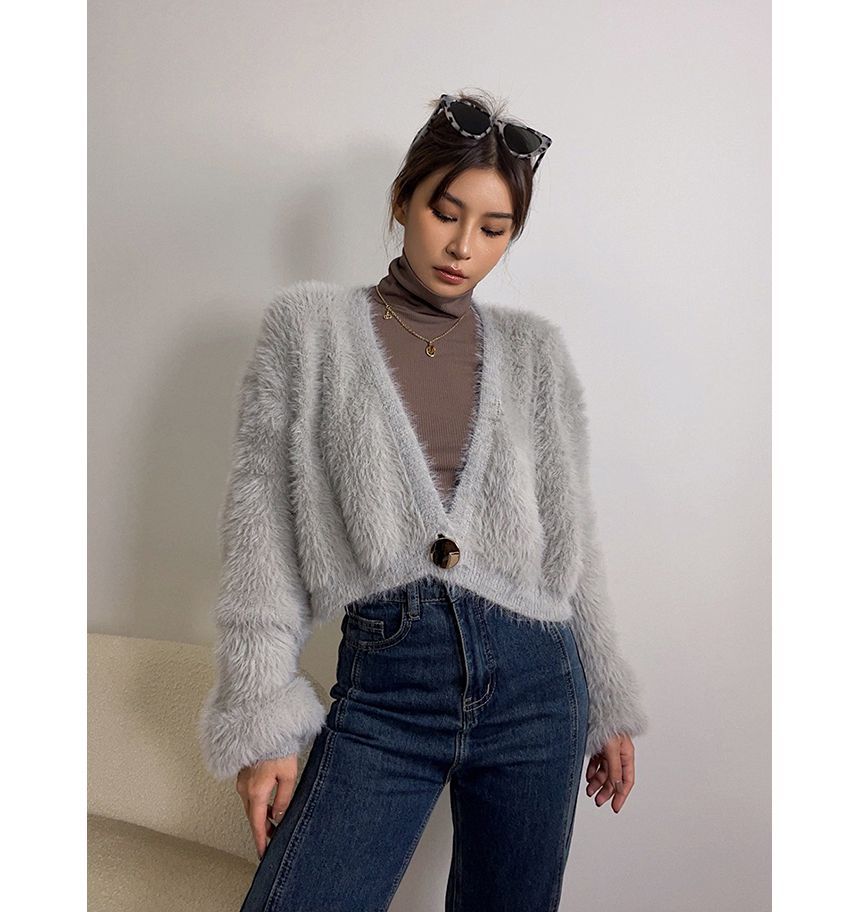 Furry Knit One-Button Cropped Cardigan