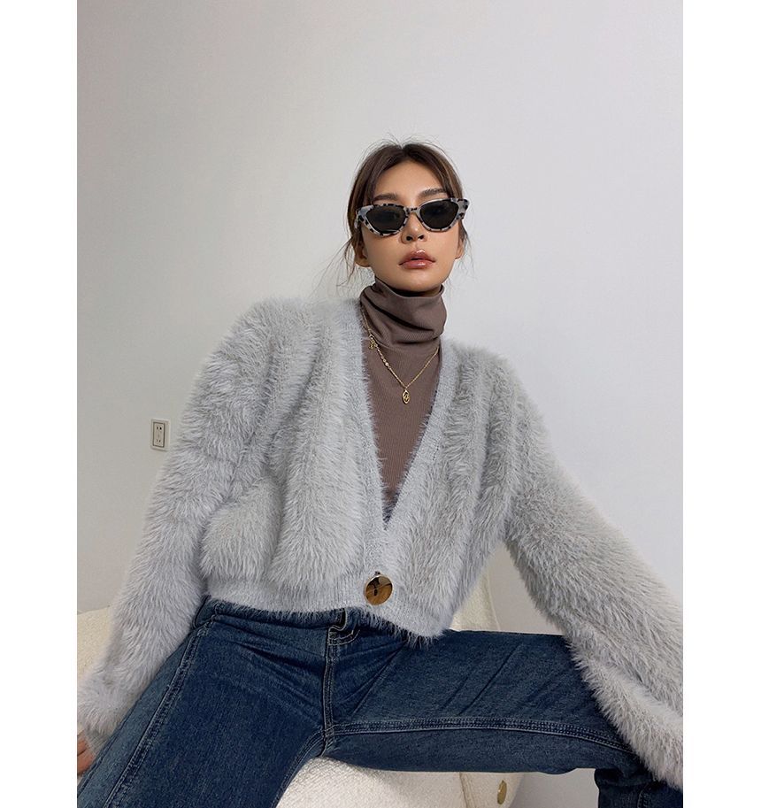 Furry Knit One-Button Cropped Cardigan