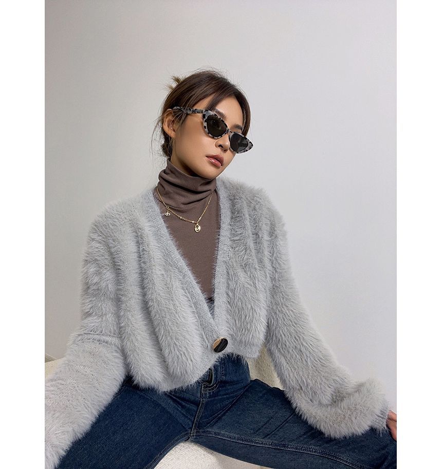 Furry Knit One-Button Cropped Cardigan