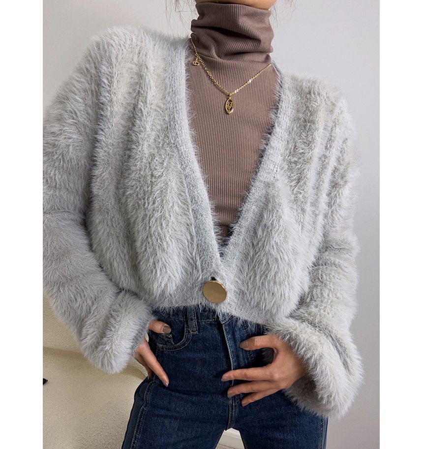 Furry Knit One-Button Cropped Cardigan