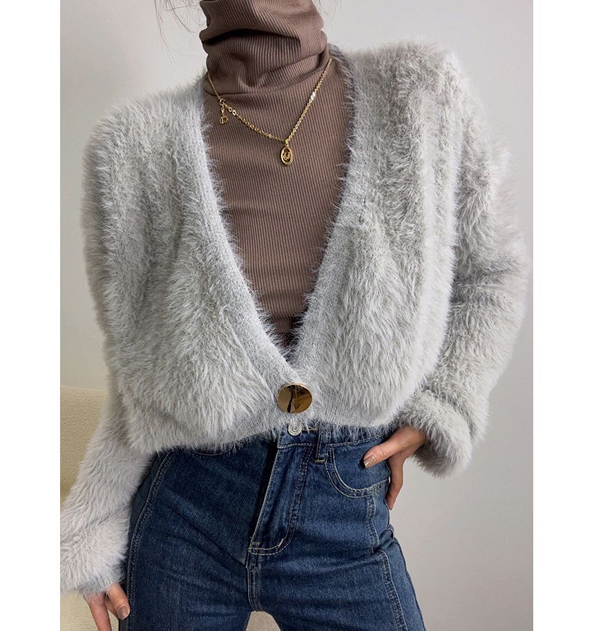 Furry Knit One-Button Cropped Cardigan