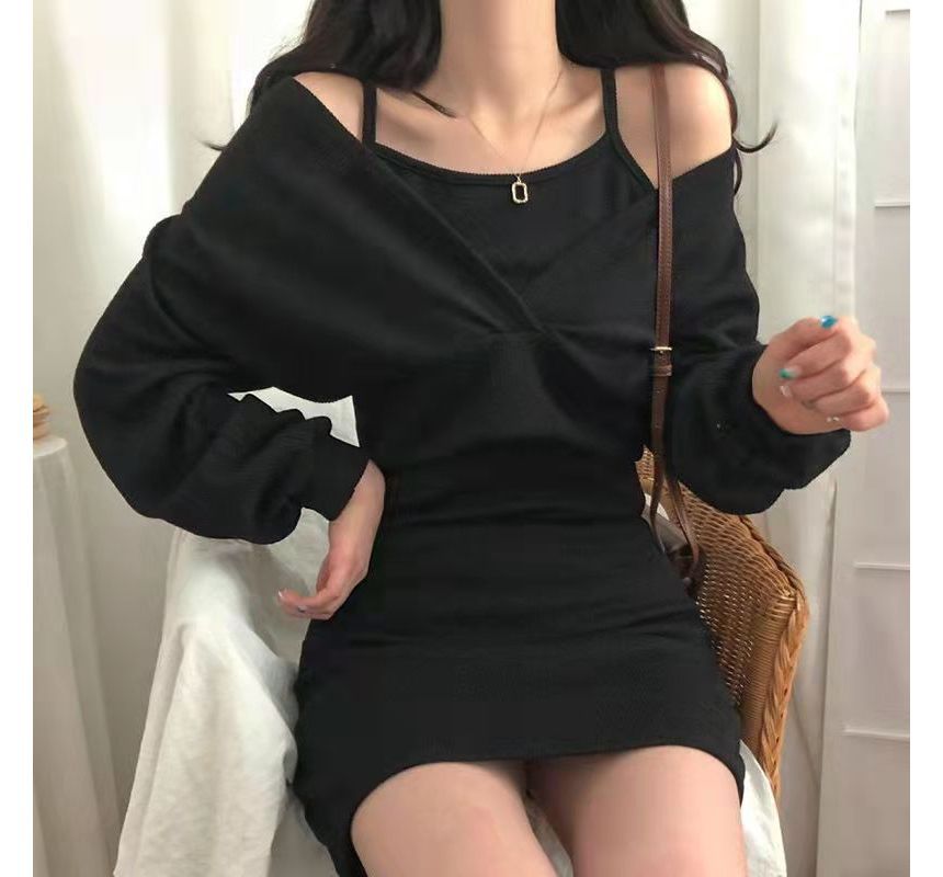 Set: Thin Strap Mini Dress + Long-Sleeve V-Neck Crop Top