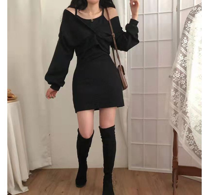 Set: Thin Strap Mini Dress + Long-Sleeve V-Neck Crop Top