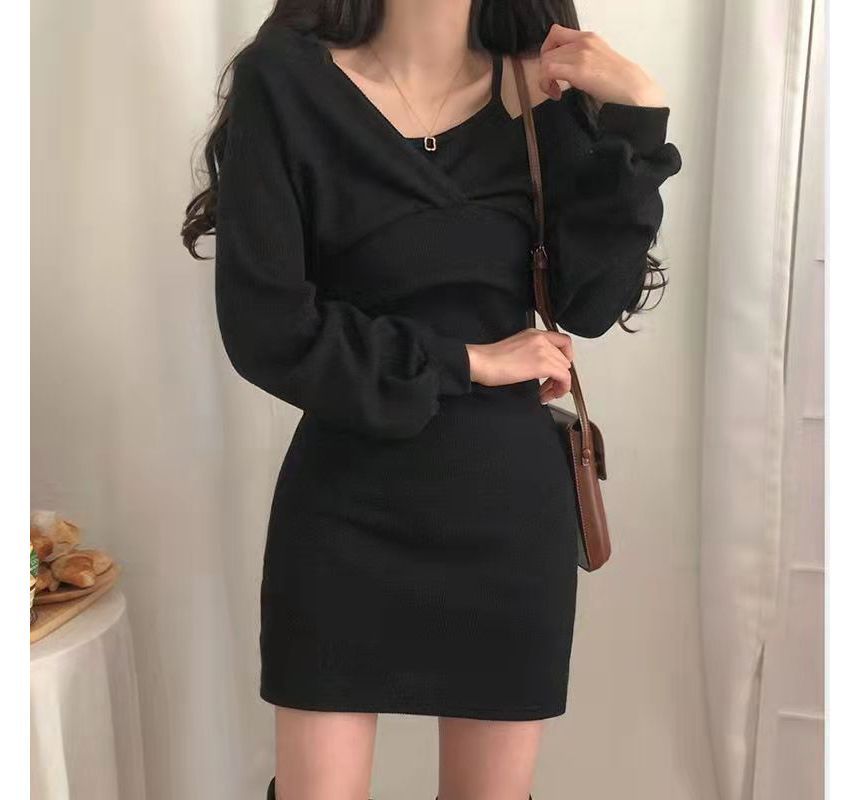 Set: Thin Strap Mini Dress + Long-Sleeve V-Neck Crop Top