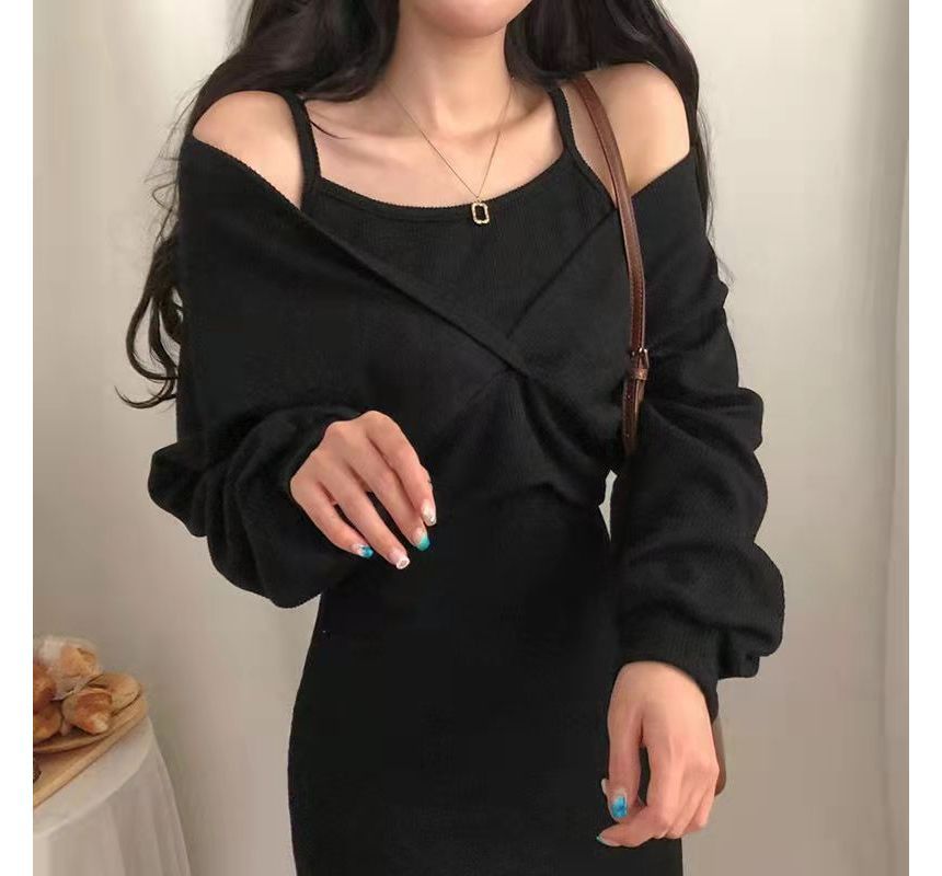 Set: Thin Strap Mini Dress + Long-Sleeve V-Neck Crop Top