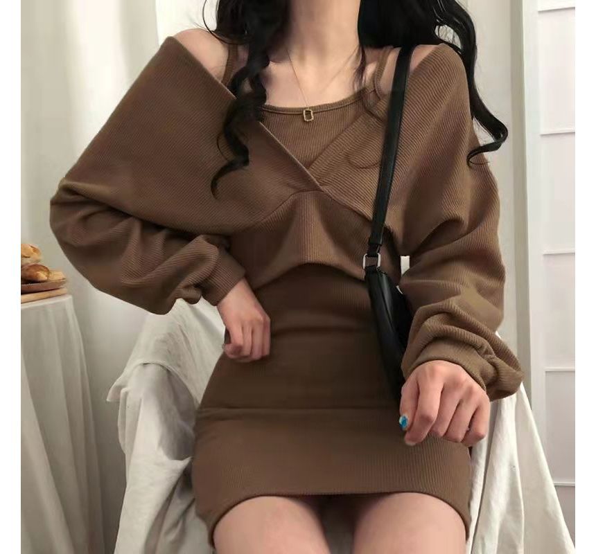 Set: Thin Strap Mini Dress + Long-Sleeve V-Neck Crop Top