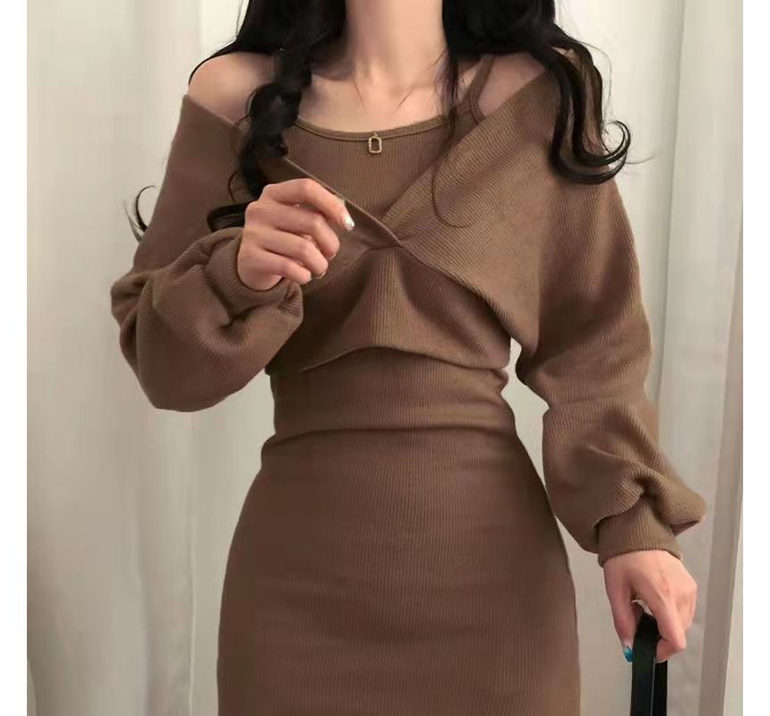 Set: Thin Strap Mini Dress + Long-Sleeve V-Neck Crop Top