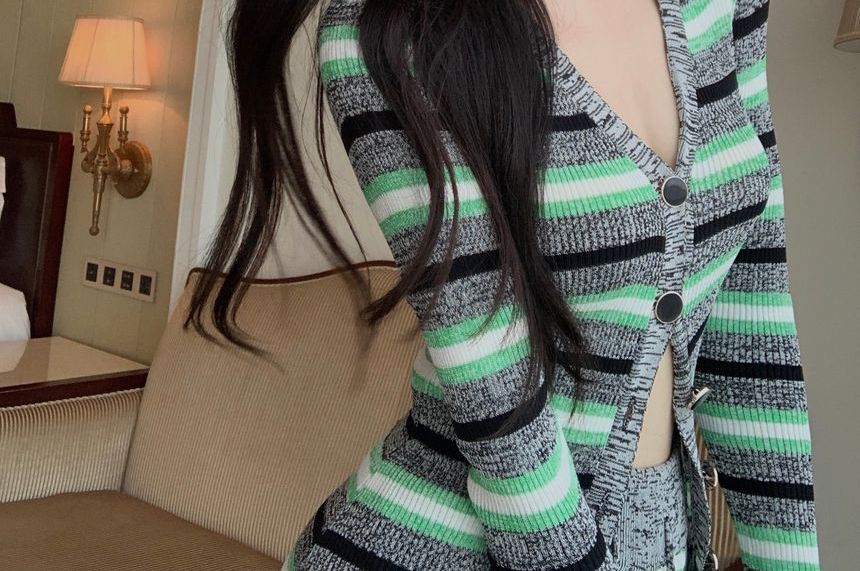Striped Long Knit Cardigan and Wide-Leg Pants Set