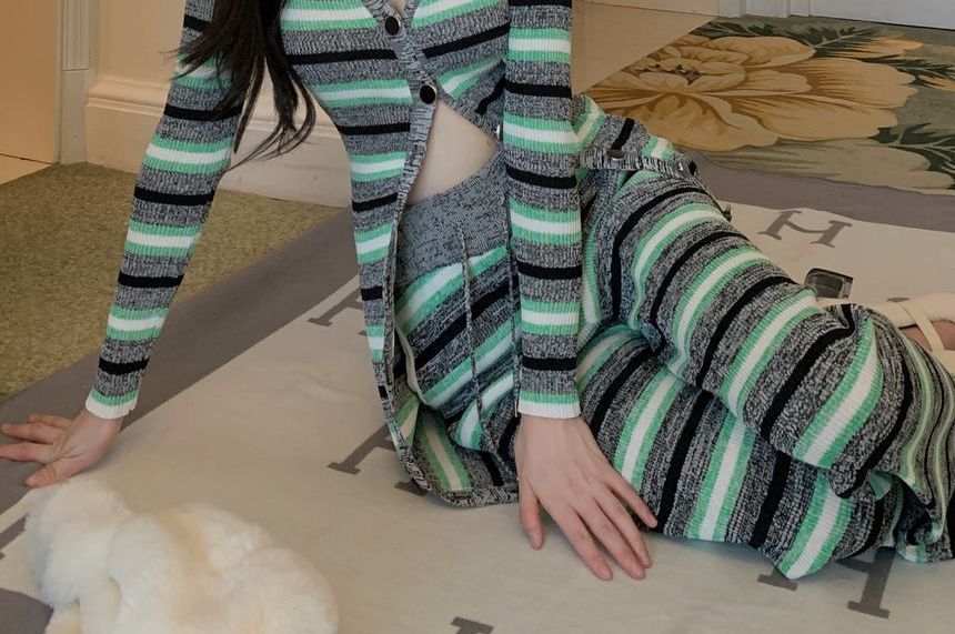 Striped Long Knit Cardigan and Wide-Leg Pants Set