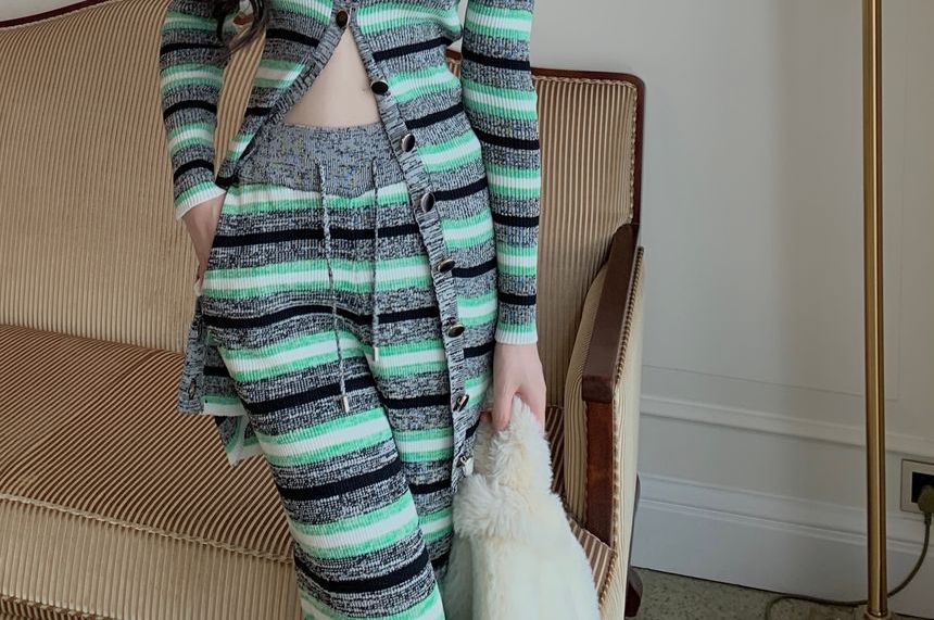 Striped Long Knit Cardigan and Wide-Leg Pants Set