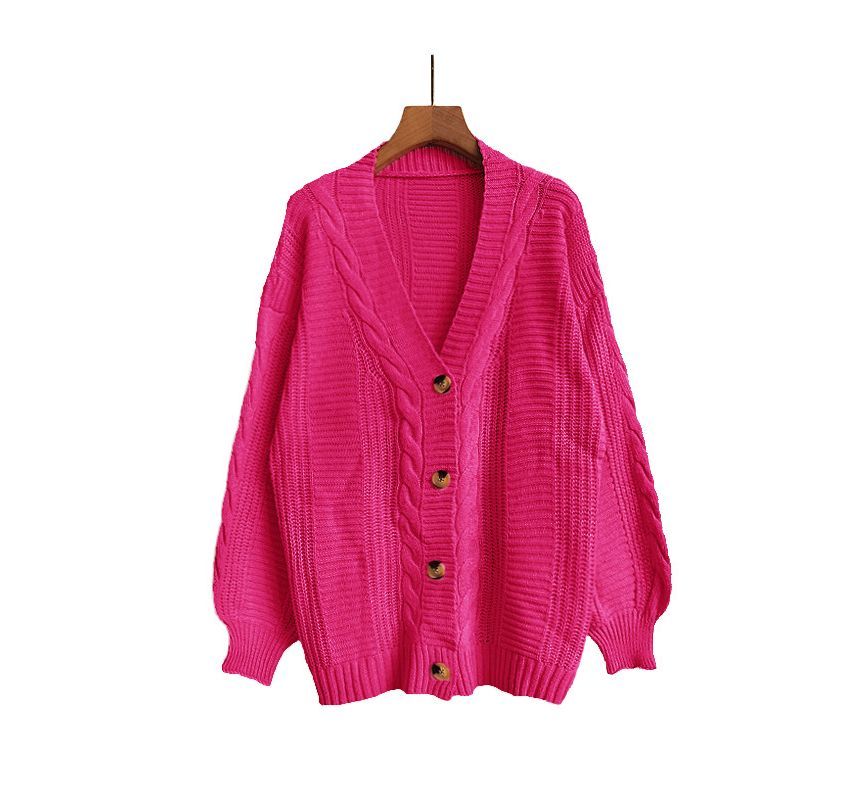 Puff Sleeve V-Neck Cable Knit Cardigan