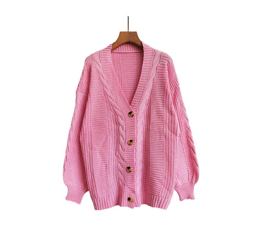 Puff Sleeve V-Neck Cable Knit Cardigan