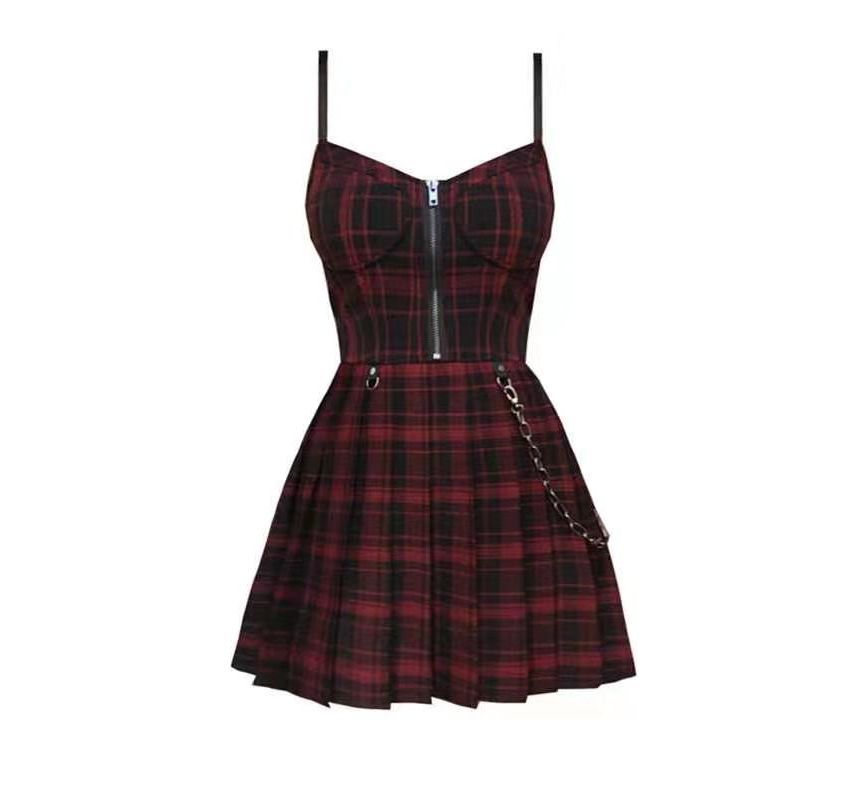 Thin Strap Check Midi A-Line Dress