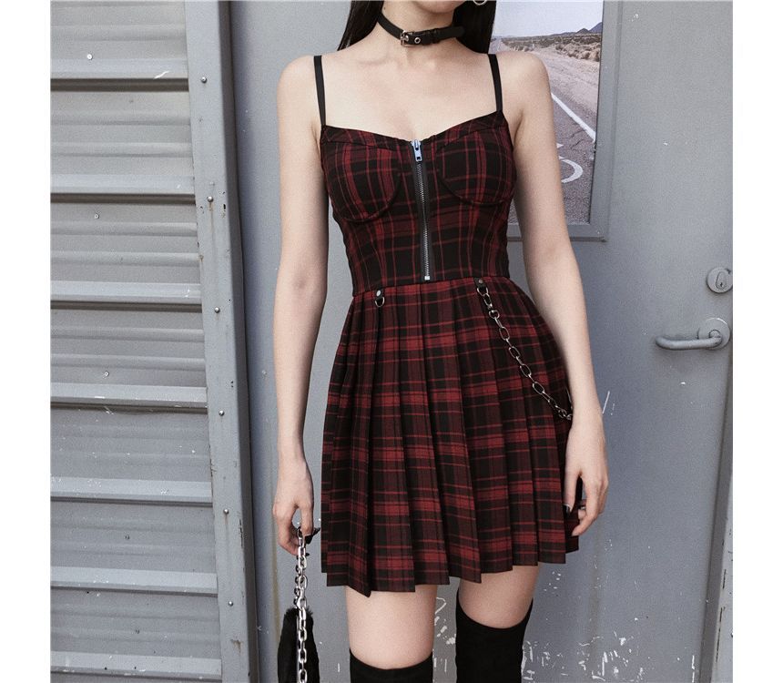 Thin Strap Check Midi A-Line Dress