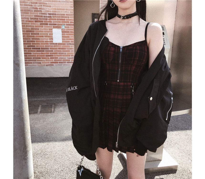 Thin Strap Check Midi A-Line Dress
