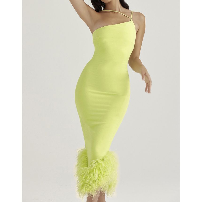 Thin Strap Fluffy Panel Midi Bodycon Dress