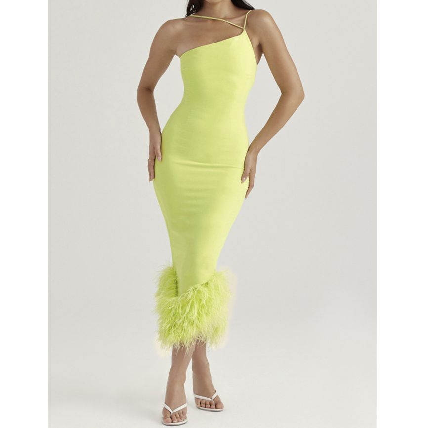 Thin Strap Fluffy Panel Midi Bodycon Dress