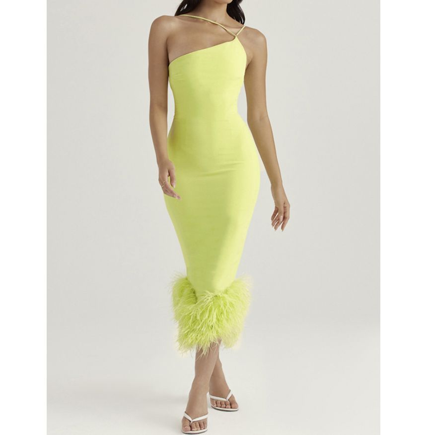 Thin Strap Fluffy Panel Midi Bodycon Dress