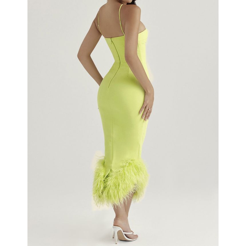 Thin Strap Fluffy Panel Midi Bodycon Dress
