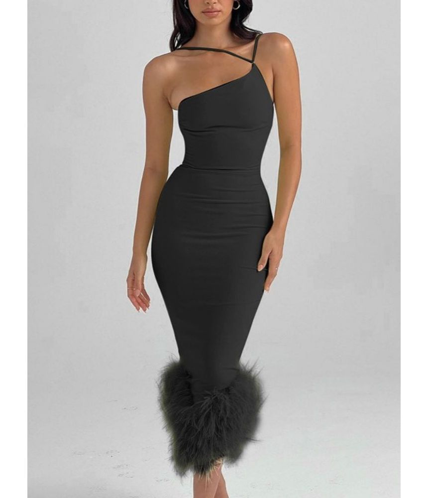 Thin Strap Fluffy Panel Midi Bodycon Dress