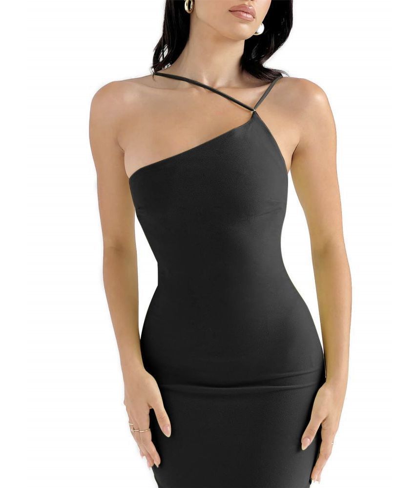 Thin Strap Fluffy Panel Midi Bodycon Dress