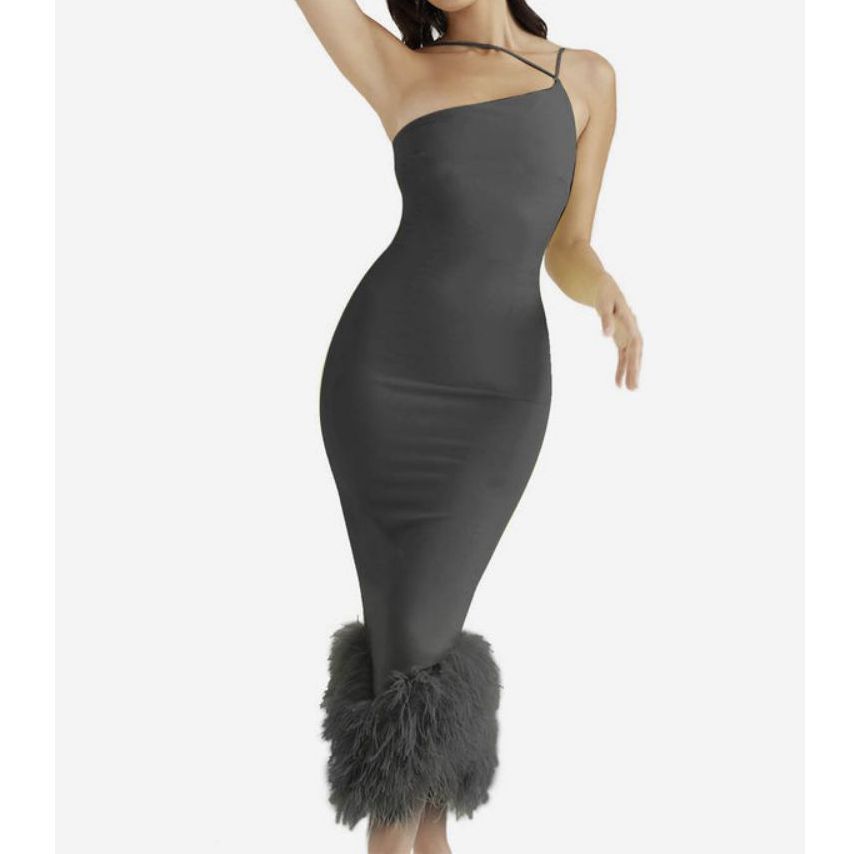 Thin Strap Fluffy Panel Midi Bodycon Dress